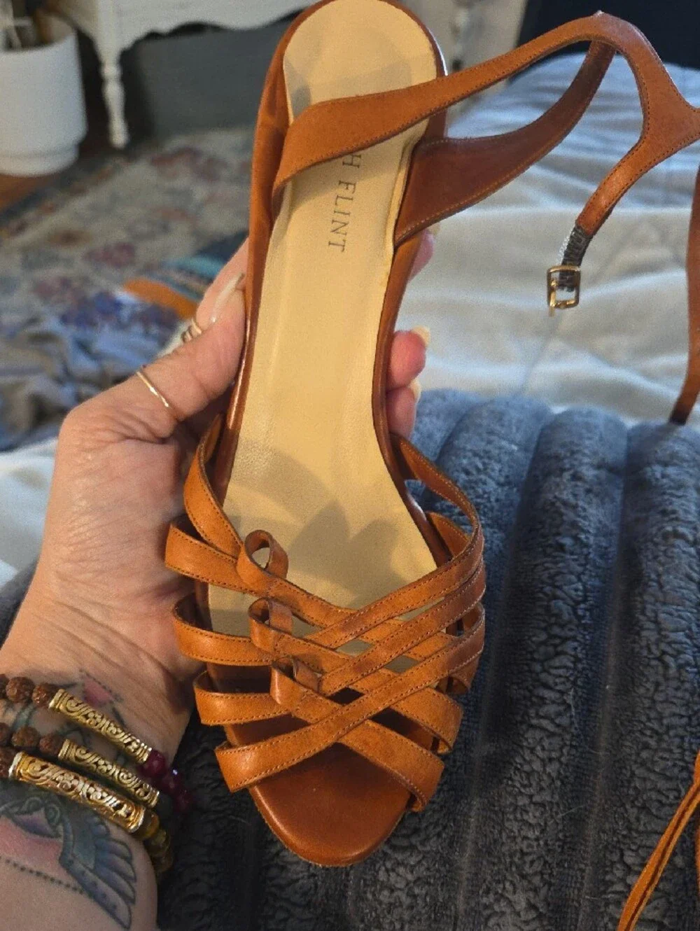 Sarah Flint Cognac Leather Strappy Sandals with Ankle Tie